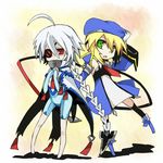  ahoge bad_id bad_pixiv_id beret blazblue blonde_hair blue_footwear boots braid chibi eyepatch green_eyes hat long_hair multiple_girls noel_vermillion nu-13 rate_(aok1) red_eyes silver_hair thighhighs 