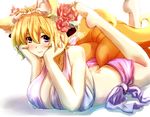  animal_ears arm_support barefoot blonde_hair breasts butt_crack chin_rest cleavage dearmybrothers face flower fox_ears fox_tail hair_flower hair_ornament halterneck huge_breasts legs_up looking_at_viewer lying multiple_tails on_stomach purple_eyes short_hair solo tail touhou yakumo_ran 
