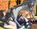  animal blonde_hair blue_eyes breasts canine canine_penis cum cum_in_mouth cum_on_breasts etrian_odyssey female feral hair hat human interspecies kemokemo_gdgd knot long_blonde_hair long_hair lying male masturbation nipples oral penis straight wolf zoo 