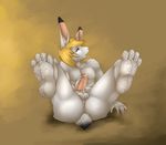  anus cum cum_on_feet hindpaw lagomorph male mitsukijuran on_back penis pinup rabbit snowshoe_hare solo 