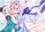  barefoot flower japanese_clothes konpaku_youmu mamita multiple_girls one_eye_closed pink_hair red_eyes saigyouji_yuyuko short_hair silver_hair touhou 