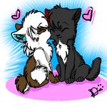  &hearts; black black_fur blade_(character) blue_nose brown brown_fur canine cat chibi couple dog duo eyes_closed feline female feral fox fur hair hinauchi kissing kissing_cheek love male mammal rena sitting white white_fur white_hair wolf 