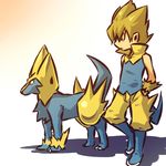  blonde_hair boots gen_3_pokemon hands_in_pockets hitec male_focus manectric moemon personification pointy_ears pokemon pokemon_(creature) popped_collar spiked_hair standing 