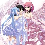  2girls ahoge angel_wings bare_shoulders black_hair blue_hair blush breast_grab breasts dress frills gathers grabbing green_eyes guided_breast_grab hand_on_another's_chest ikaros kneehighs long_hair makai_no_koutaishi medium_breasts multiple_girls nymph_(sora_no_otoshimono) open_mouth pink_hair sakurai_tomoki short_hair sora_no_otoshimono tuxedo twintails wedding_dress white_legwear wings 