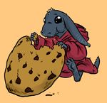  aggrobadger black_eyes blue blue_body clothed clothing colored_background cookie cute cutebold dungeons_&amp;_dragons ear_piercing earring eating fangs food kobold piercing robe sitting solo tan_background 