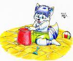  beach blue_eyes blue_ferret blue_hair canine cub diaper dog hair infantilism male pail sand seaside shorts 