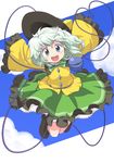  :d \o/ absurdres arms_up green_eyes green_hair hat hat_removed hat_ribbon headwear_removed heart heart_of_string highres jumping komeiji_koishi kurotama_(avino) looking_at_viewer md5_mismatch open_mouth outstretched_arms petticoat ribbon short_hair skirt sleeves_past_wrists smile solo sun_hat touhou 