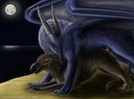  2009 avian bite crysoukas doggy_position dragon female feral from_behind gryphon horns male moon night outside scalie sex straight wings 