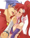  bandage bandages blue_hair cape couple holding kamina lowres red_hair tattoo tengen_toppa_gurren-lagann tengen_toppa_gurren_lagann tongue yoko_littner yoko_ritona 