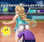  1boy 1girl ass ball bare_shoulders blonde_hair blue_eyes breasts crown dress earrings erection femdom hair_over_one_eye highres jewelry long_hair looking_back looking_down luma mario_tennis mario_tennis_aces naughty_face neokeiji nintendo panties panties_under_pantyhose pantyhose racket rosetta_(mario) short_dress sideboob sitting sitting_on_face sitting_on_person smile striped striped_panties tennis_ball tennis_outfit tennis_racket thong underwear waluigi white_legwear 