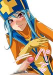  blue_hair blush bodysuit breasts censored cock_slap dragon_quest erection gloves hat latex latex_gloves penis penis_play pov priest_(dq3) pubic_hair red_eyes skin_tight smile translation_request 