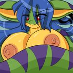  big_breasts blue_hair breasts chalo fangs female fyxe_(artist) geecku green_body hair huge_breasts las_lindas lizard long_hair nipples non-mammal_breasts red_eyes reptile scalie solo stripes webcomic 