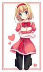  alice_margatroid bad_id bad_pixiv_id black_legwear blonde_hair blue_eyes blush border bow bowtie breasts cleavage crossed_arms detached_collar hairband heart kneeling looking_at_viewer medium_breasts pantyhose puffy_sleeves santa_costume shirt short_hair smile solo tareme taut_clothes taut_shirt tottoto_tomekichi touhou 