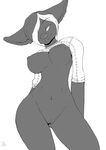  breasts canine female golt greyscale hair_over_one_eye hybrid looking_at_viewer niis niis_(character) nipples pussy shirt_lift smile solo standing 