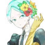  1other androgynous aqua_eyes aqua_hair colored_eyelashes crystal_hair flower gem_uniform_(houseki_no_kuni) golden_arms hair_flower hair_ornament houseki_no_kuni looking_at_viewer lowres necktie phosphophyllite short_hair shumiko_(kamenokoueki) solo sweatdrop upper_body white_background 