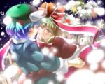  blue_eyes blue_hair blush bow christmas christmas_tree couple front_ponytail gloves green_eyes green_hair hair_bobbles hair_bow hair_ornament hair_ribbon hug kagiyama_hina kawashiro_nitori mayuma_yumeko multiple_girls ribbon short_hair smile snow touhou twintails two_side_up wallpaper yuri 