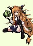 absurdres alternate_costume bad_id bad_pixiv_id boots bow food fruit hair_bow harriken highres holding holding_food holding_fruit horns ibuki_suika long_hair orange_hair red_eyes simple_background smile solo thighhighs touhou watermelon 