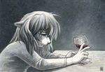  2010 alcohol cat depressed drinking feline female glass grey hair half-closed_eyes kacey long_hair long_white_hair shirt solo table white_hair wine 