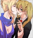  axis_powers_hetalia az0212 bad_id bad_pixiv_id blonde_hair breasts cleavage france_(hetalia) genderswap genderswap_(mtf) glasses green_eyes hair_bun hair_ornament kiss large_breasts multiple_girls scarf tears twintails united_kingdom_(hetalia) x_hair_ornament yuri 