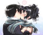  1girl alternate_hairstyle amagami bad_id bad_pixiv_id black_hair blush closed_eyes coat couple hetero kasuga_souichi kiss messy_hair ponytail scarf shared_scarf short_hair tachibana_jun'ichi tanamachi_kaoru 