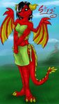  black_eyes black_hair breasts castle claws clothed cute dragon female hair horns midriff navel outside red scalie shalonesk short_black_hair short_hair skimpy sky solo standing stygi tail white_eyes wings yellow 