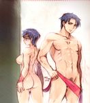  1girl ass back blue_hair breasts fire_emblem fire_emblem:_akatsuki_no_megami genderswap genderswap_(mtf) highres ike large_breasts nude ribbon short_hair yajiro_masaru zelgius 