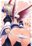  1girl ahoge ass back bad_id bad_pixiv_id blue_hair blush eho_(icbm) hands head_wings heart horns looking_back multicolored_hair open_mouth panties panty_pull shiny shiny_skin short_hair silver_hair single_head_wing skirt skirt_pull solo tokiko_(touhou) touhou two-tone_hair underwear white_panties wings 