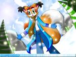  background canine fox green_eyes hair jamesfoxbr jamesfoxbr_(character) kitsune looking_at_viewer male multiple_tails open_mouth orange outside scarf sky snow solo standing tail tree wallpaper winter xmas 