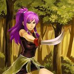  armlet fingerless_gloves fire_emblem fire_emblem:_seima_no_kouseki forest gloves long_hair marica_(fire_emblem) maruchi_(zens24) nature ponytail purple_eyes purple_hair solo sword tree weapon 