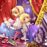  alice_margatroid alice_margatroid_(pc-98) back-to-back blonde_hair blue_eyes book capelet curtains dress dual_persona hairband lowres multiple_girls petticoat rakkyhappy time_paradox touhou touhou_(pc-98) 