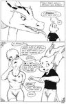  comic desiree dragon english_text feline female james_m_hardiman lizard male mammal monochrome plain_background reptile scalie shayla size_difference text tom tongue ups_and_downs white_background 