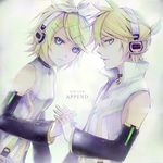  1girl bad_id bad_pixiv_id blonde_hair blue_eyes brother_and_sister detached_sleeves hair_ribbon headphones kagamine_len kagamine_len_(append) kagamine_rin kagamine_rin_(append) ribbon seal_(seal1102) siblings twins vocaloid vocaloid_append 