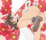  ass bent_over bottomless bow brown_eyes brown_hair camellia censored convenient_censoring detached_sleeves floral_background flower from_below grin hair_bow hakurei_reimu kosame_daizu looking_at_viewer looking_back short_hair smile solo touhou 