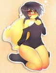  ambiguous_gender blush breasts cute female fluffy_tail hair kneeling looking_at_viewer red_eyes shineymagic small_breasts socks solo tsampikos undressing unknown_species wide_hips yellow yellow_fur 