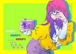  bow camera copyright_request english glasses gradient_hair leaning_forward long_hair multicolored_hair pink_hair simple_background solo sweater totou_tamio 