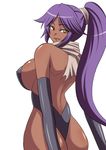  artist_request ass bleach breasts cleavage dark_skin female large_breasts long_hair no_bra open_mouth panties ponytail purple_hair shihouin_yoruichi sideboob simple_background smile solo thong underwear white_background yellow_eyes zerosu_(take_out) 