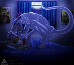  bed chimera_synx horn horns human mammal monster moonlight sharp_teeth sleeping slit_pupils synx tail teddy_bear teeth tongue vore 