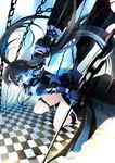  arm_cannon black_hair black_rock_shooter black_rock_shooter_(character) blue_eyes boots highres long_hair solo sword weapon xephonia 