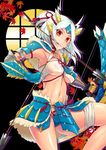  armor arrow bow_(weapon) breasts covered_nipples gloves headdress leaf maple_leaf medium_breasts monster_hunter monster_hunter_portable_3rd mouth_hold navel panties pochi_(pochi-goya) round_window solo underboob underwear weapon white_hair yellow_eyes zinogre_(armor) 