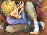  blonde_hair box bracelet cramped face hands in_box in_container jewelry kurosawa_tomo male_focus original ribbon ring smile socks solo v yellow_eyes 