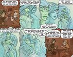  blonde_hair blue_hair breasts comic female fingering funny grope hair hat humor kissing lesbian long_hair male masturbation necklace ocean oglaf sea shell siren star table water wave 