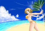  210ten beach bikini blonde_hair breasts day fisheye large_breasts orchestral_garden short_hair side-tie_bikini solo swimsuit yellow_eyes 