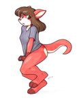  ajin bottomless brown_eyes brown_hair clothed clothing cute female hair half-dressed kangaroo long_hair looking_at_viewer mammal marsupial red red_body shy solo 