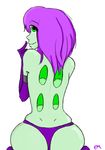  back butt em gloves green_eyes hair legwear monster plain_background purple_hair stockings white_background 