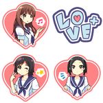  3girls anegasaki_nene artist_request black_hair blush brown_eyes brown_hair kobayakawa_rinko long_hair love_plus love_plus_plus lowres multiple_girls school_uniform serafuku short_hair smile takane_manaka twintails 