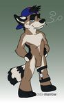  balls chibi-marrow cigarette hat heterochromia leg_brace male nude raccoon sheath smoking solo 