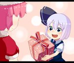  :d aqua_eyes blue_eyes child christmas gift happy highres holding holding_gift konpaku_youmu letterboxed muku_(muku-coffee) multiple_girls open_mouth pink_hair saigyouji_yuyuko santa_costume short_hair silver_hair smile touhou younger 