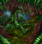  anus background draekos dragon forest green male nerian on_back penis raised_tail scalie solo sunny tail tree water 