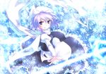  blue_eyes blush hat highres lavender_hair letty_whiterock light_smile looking_at_viewer magic miruki outstretched_arm outstretched_hand short_hair smile snowflakes solo symbol-shaped_pupils touhou 