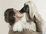  ad advertisement afghan afghan_hound animal bestiality canine dog eyes_closed female feral human human_on_feral interspecies kissing male mammal plain_background real smoking tongue unknown_artist white_background zoo 